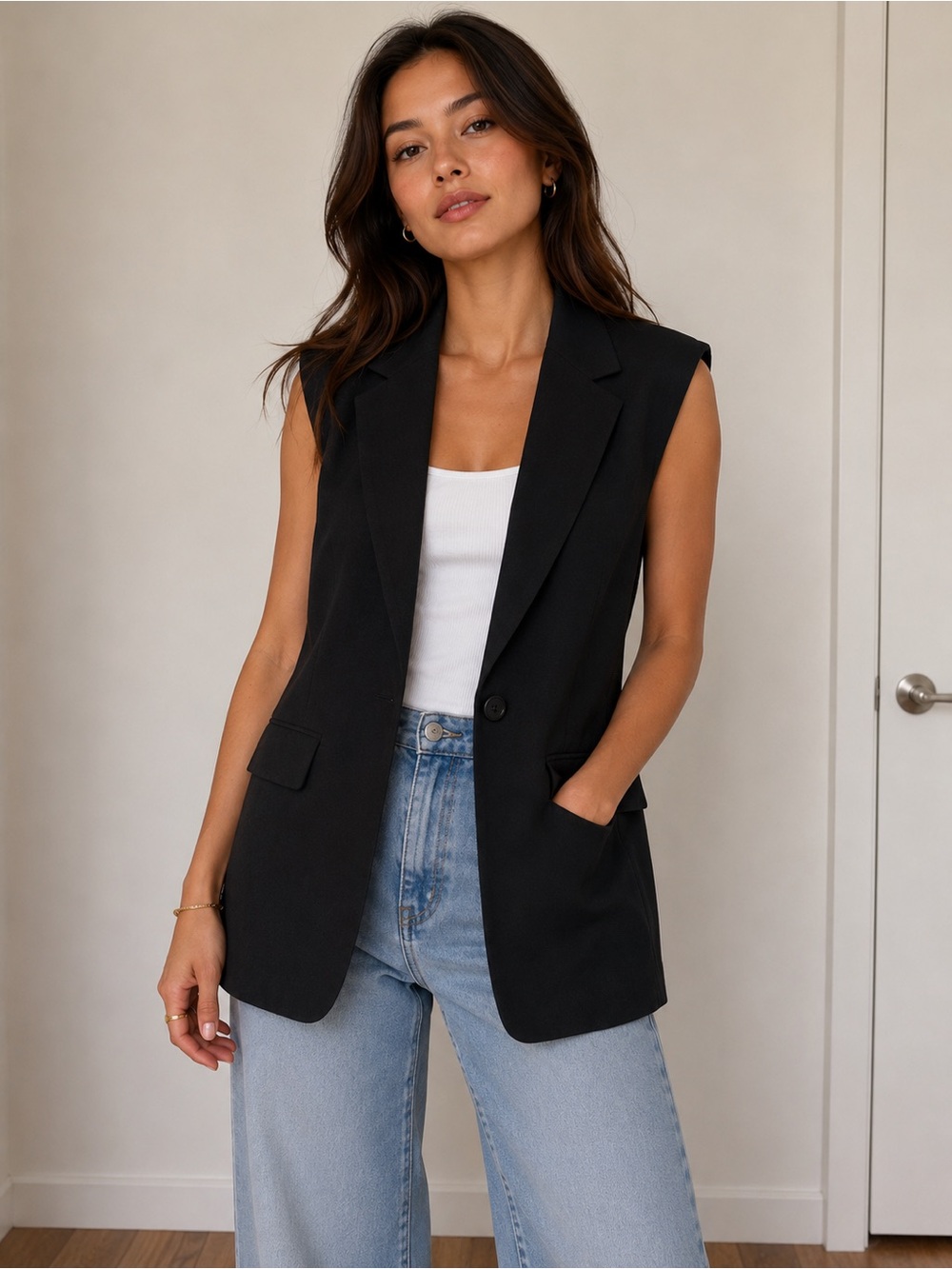 H&M Linen‑Blend Sleeveless Blazer Vest – Black, Size XS